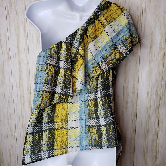 Project Runway Top Asymmetrical One Shoulder Plaid Yellow Black Size Small NWT - Picture 3 of 13